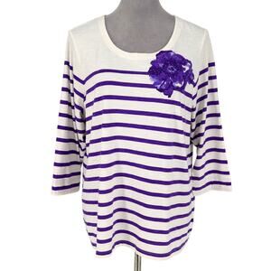 Coldwater Creek Top Womens XL White Purple Stripe T-shirt Cotton Knit Beach